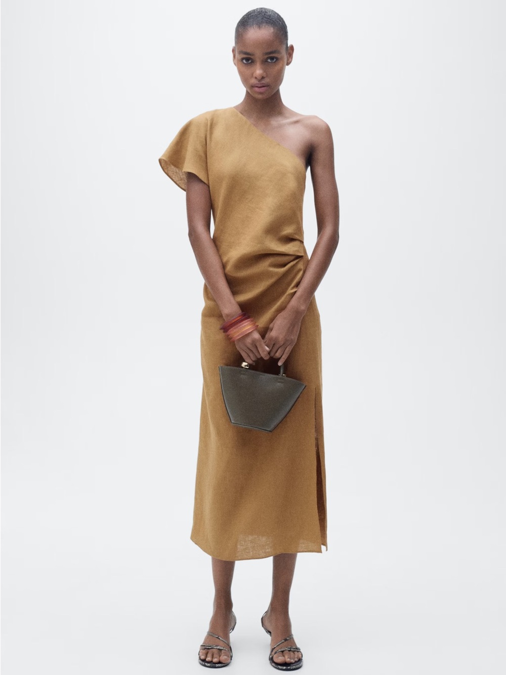 MANGO Linen One-Shoulder Midi Dress in Camel
